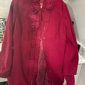 Elle Women's XL Beet Red Pea Coat with Ruffle Details